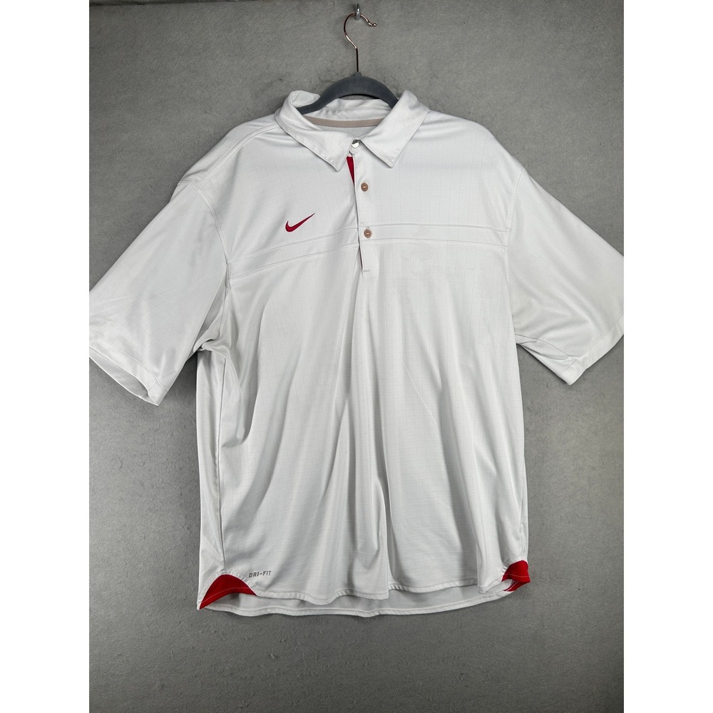 Nike Dri-FIT Mens XL White Red Grid Polo Shirt 392904-109 Short Sleeve Golf
